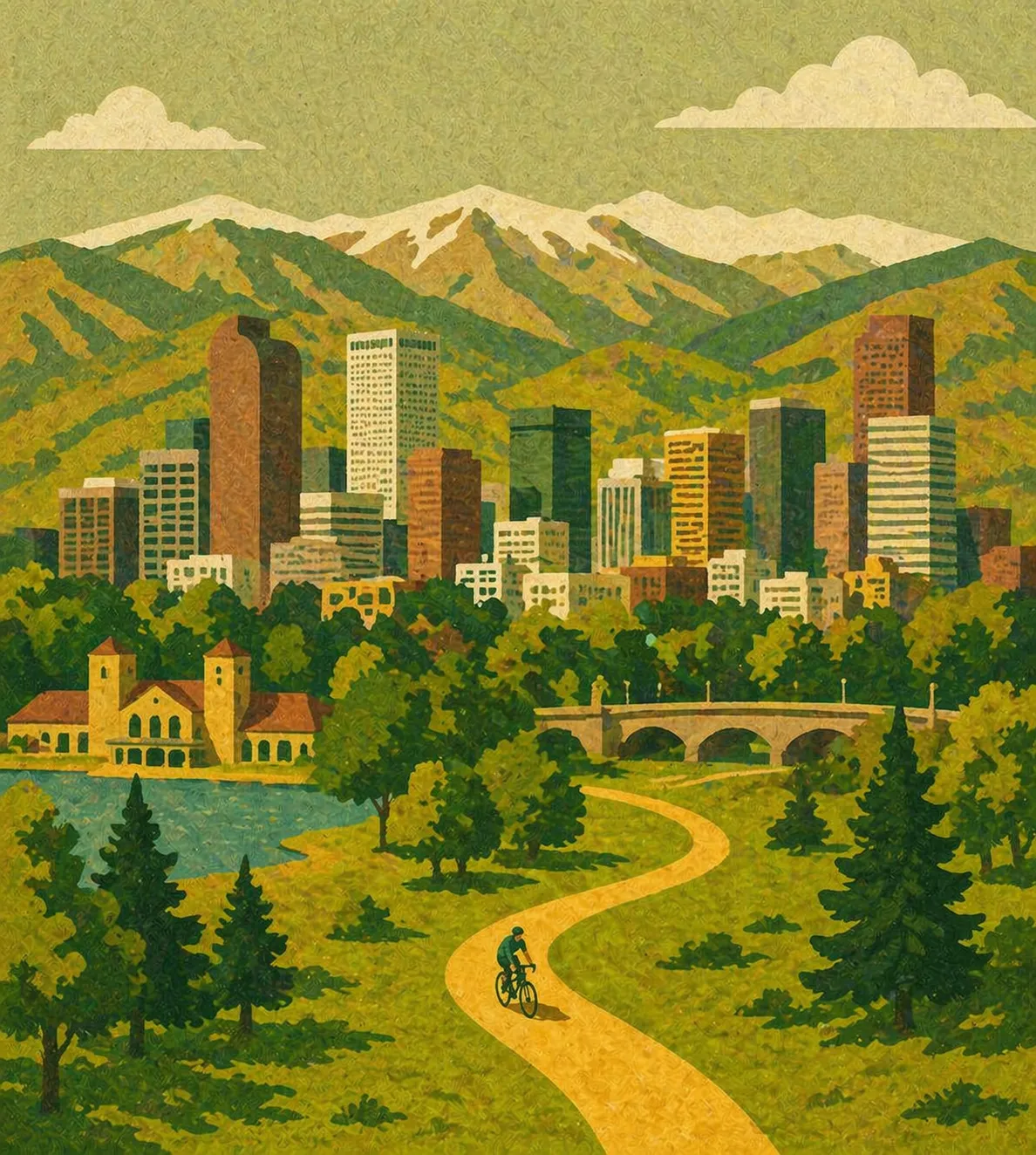 Watercolor illustration of the Denver skyline with the Front Range mountains beyond, foreground rolling hills with a cyclist on a path.