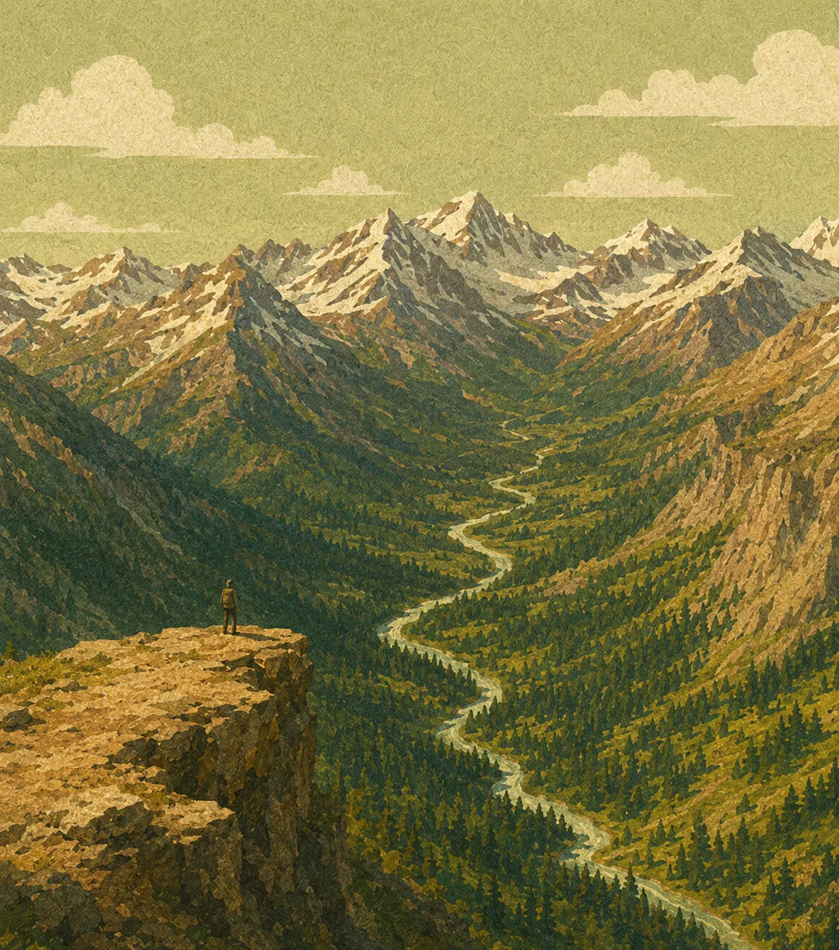 Watercolor mountain-pass illustration in earth tones — receding Colorado ridges, foreground pine forest, golden valley light.
