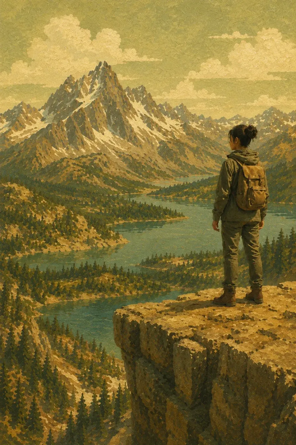 Painterly illustration: a hiker with a backpack stands on a cliff edge overlooking forested valleys, winding alpine lakes, and a snow-capped peak under a warm golden sky.