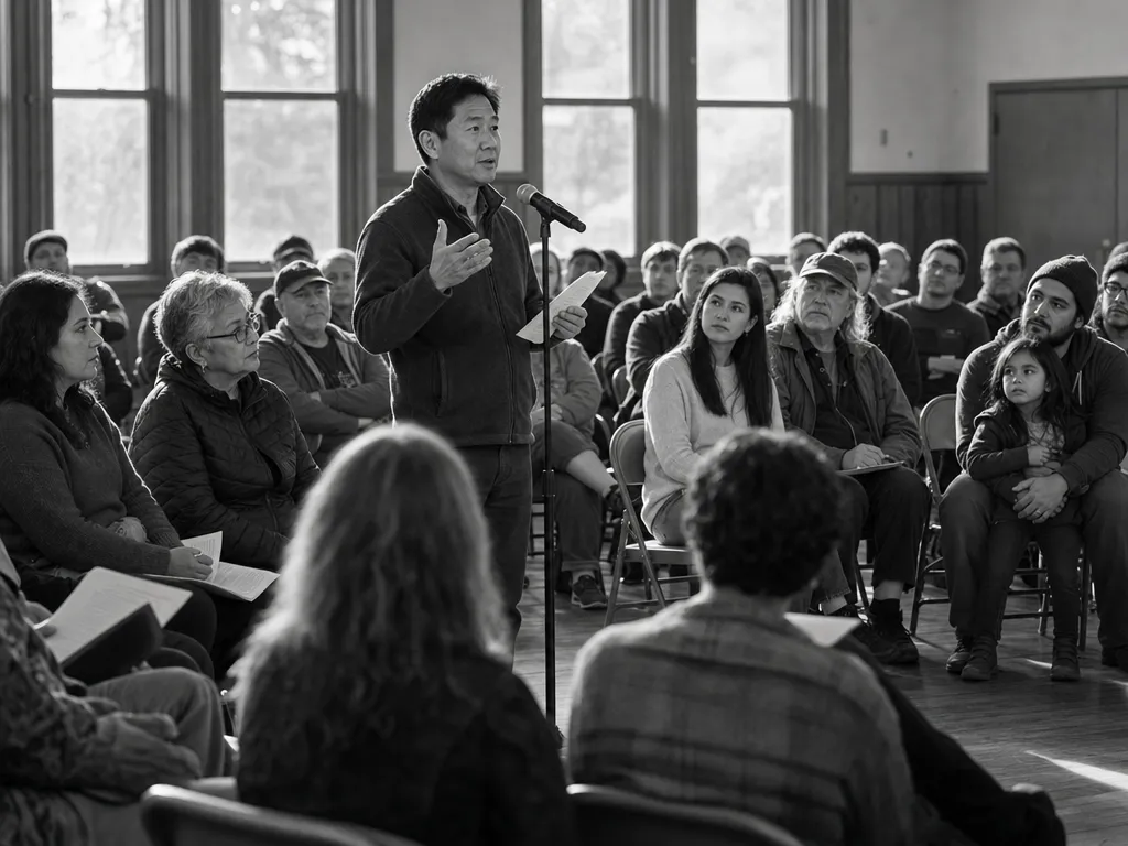Black-and-white documentary photograph — a Colorado community town hall during public comment: a man stands at a floor microphone making a point while diverse neighbors of all ages listen closely, warm light through tall windows. Accompanies the System Accountability member quote.