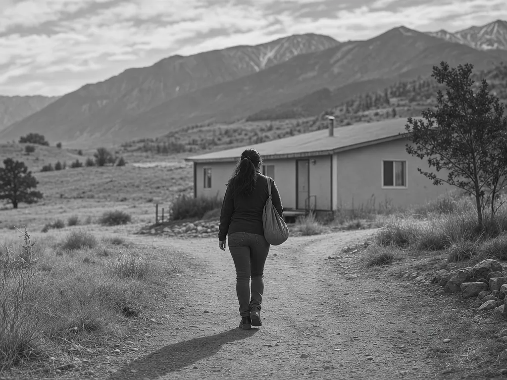 Black-and-white documentary photograph — a Latina woman walking a dirt path home toward a simple, modest rural ranch house on the open Colorado plains, mountains behind. Care must reach people far from any clinic. Accompanies the Equitable Care member quote.