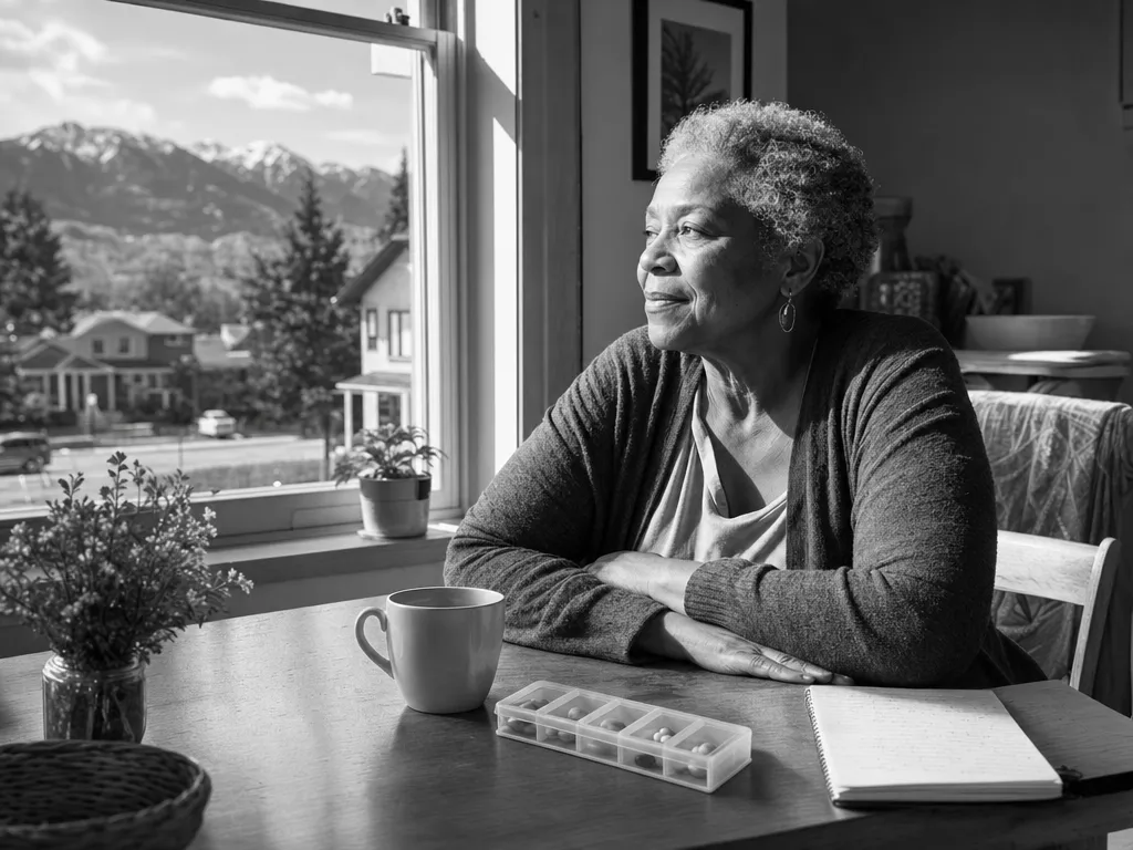 Black-and-white documentary photograph — an older Black Coloradan woman at her kitchen table in warm morning light, coffee mug, pill organizer and notebook nearby, her neighborhood and the mountains through the window. A whole person in her own context. Accompanies the Integrated Support member quote.